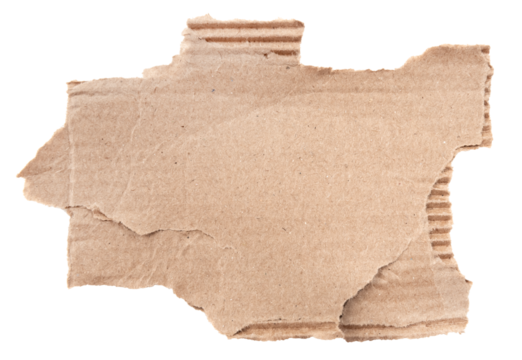 A piece of textured packaging cardboard. Piece of torn cardboard with copy space. Brown wrapping vintage paper, isolated top view. Kraft paper isolated on white background