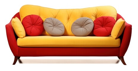 Modern yellow leather sofa with pillows isolated
