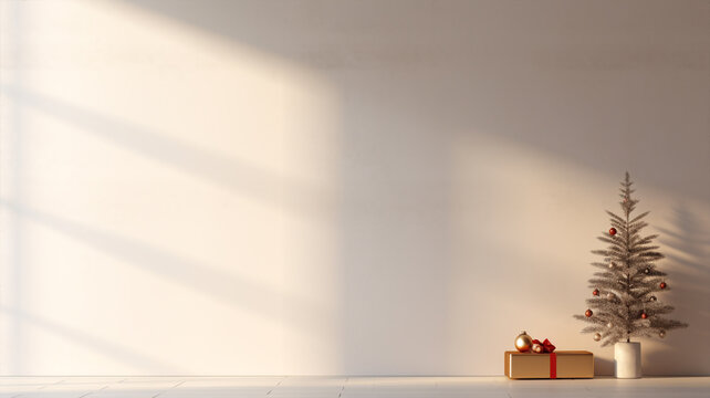 Fond abstrait de no&euml;l pour la pr&eacute;sentation de produits. Avec ombres et lumi&egrave;res des fen&ecirc;tres, avec un sapin et un cadeau.
