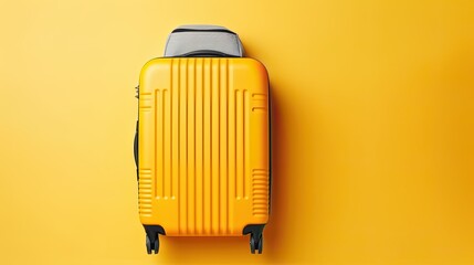 baggage travel. yellow suitcase with travel accessories such as sunglasses, hat and camera on light background.
