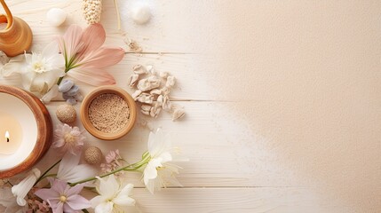 Beautiful spa treatment composition such as Towels, candles, essential oils, Massage Stones on light wooden background. blur living room, natural creams and moisturising Healthy lifestyle, body care