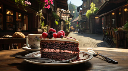 Generative AI, a piece of black forest cake, decorated with cream and cherries, stands on the table of a summer cafe, a traditional German dessert, a terrace, a chocolate biscuit, a restaurant, berrie - obrazy, fototapety, plakaty