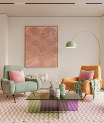 Colorful and vibrant interior designs of living room adorned with cozy furnitrue and beautiful decor, 3d rendering - obrazy, fototapety, plakaty