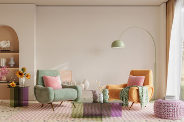 Colorful and vibrant interior designs of living room adorned with cozy furnitrue and beautiful decor, 3d rendering © Василь Чейпеш