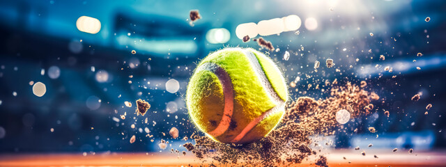 tennis ball hitting the court at high speed, banner - obrazy, fototapety, plakaty