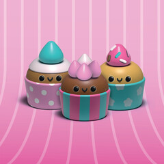 3D cartoon cupcakes with pink background