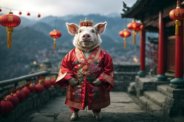 A festive pig, dressed in Chinese festive clothes. Outdoor Festival.