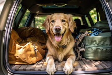 Cute dog is ready to travel in car. Road trip with pet on summer vacation