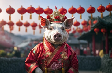 Obraz premium A festive pig, dressed in Chinese festive clothes. Outdoor Festival.