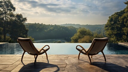Two chairs by a sparkling swimming pool with a view of the woods