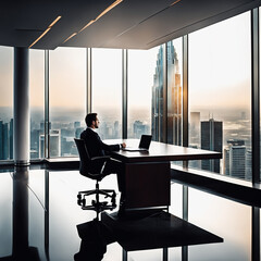 Person in an office in a high rise