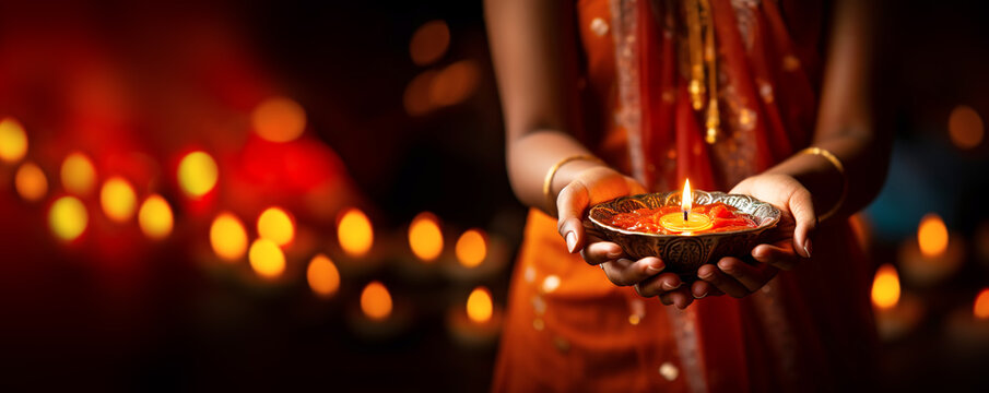 Indian Woman holding lit diya lamp in hands, closeup. Diwali celebration, banner format. 