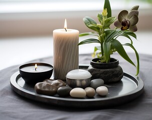 Fototapeta na wymiar Spa still life with candles, zen stones and orchid