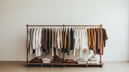 Generative AI, Cloth store aesthetic background, photo of clothes hanging on hangers, muted neutral colors