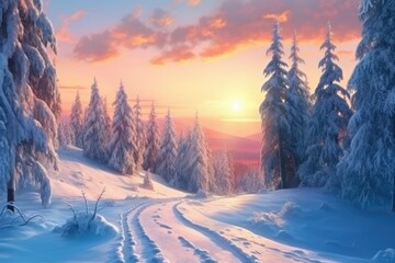 Artwork from a Ski Resort in the Morning Beautiful Nature Background Beautiful Sliding Over the Spruce Forest in Pristine Snow. Beautiful Wallpaper of a Forest in Winter Snow in the Morning