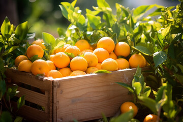 Fresh oranges in a wooden box in a summer garden. AI generated