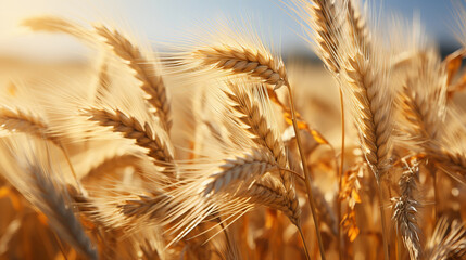 Golden ears of ripe wheat in the rays of sunset, banner format