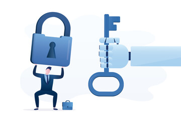Tired businessman, heavy pressure, male employee tries to lift giant padlock. Robot hand give key to success. Chat bot, artificial intelligence help overcoming obstacles,
