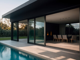 Spacious villa Interior dark modernism, sheer and opaque, nature inspired, mood lighting, linear elegance, metallic finishes. 
