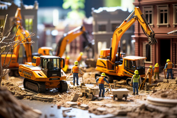 Tiny workers in protective helmets and vests doing earthworks with an excavator. 