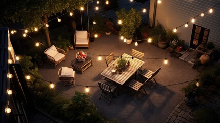 A small courtyard surrounded by greenery, gravel on the ground, simple patio furniture, picture from above, string lights, night. Generative AI - obrazy, fototapety, plakaty