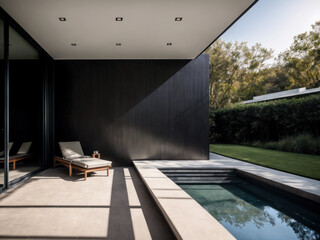 Fototapeta premium Spacious villa Interior dark modernism, sheer and opaque, nature inspired, mood lighting, linear elegance, metallic finishes. 