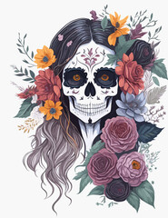 Fototapeta premium Skull with flowers.Roses and lily.White background. 