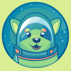 Cute alien green dog in a spacesuit. Vector illustration isolated on light background. Sticker.