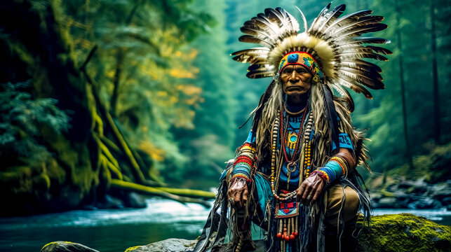 Native American leader in traditional costume performs a ceremony in the forest next to the river, banner with copy space