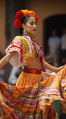 Mexican woman in a bright colorful dress dancing sambo on cinco de mayo holiday