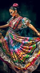 Fototapeta na wymiar Mexican woman in a bright colorful dress dancing sambo on cinco de mayo holiday