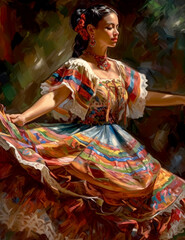 Mexican woman in a bright colorful dress dancing sambo on cinco de mayo holiday