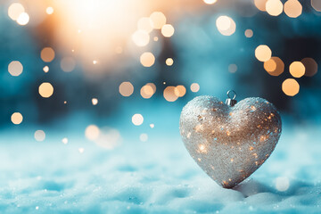 Fototapeta premium Snowflake Heart Shape with Bokeh and Falling Blue and Gold Frozen Snowflakes, Luxorious Magical Pastel Christmas New Year Love Valentine Engagement Gift Present. Generative AI. 