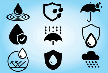 Set of Waterproof icons. water proof drop resistant, hydrophobic waterproof or water and liquid proof protection stamp or packing prints. Editable vector, eps 10.