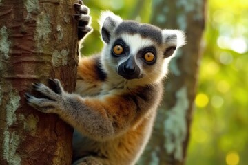 Obraz premium Lemur climbs a tree branch.