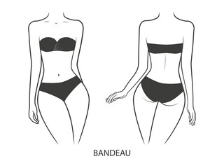 Swimwear on a woman's body.  Bandeau swimsuit - front and back view. Illustration on transparent background