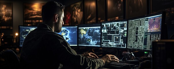In a central office hub, a military surveillance officer oversees army communications and oversees a tracking operation with a focus on cyber control and monitoring..