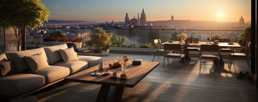 A view of the city from a living room with a table and chairs.