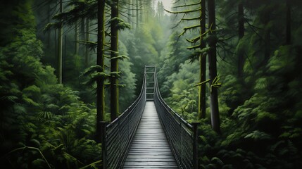 A serene forest landscape with a picturesque bridge