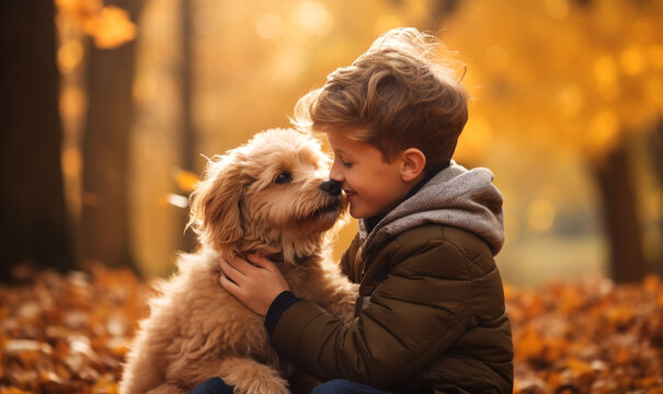kleiner freundlicher Junge im Park mit seinem Hund