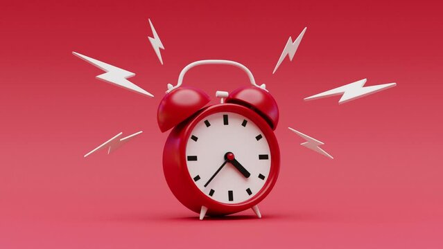 Ringing red alarm clock on red background. 3d animation of a clock sounding loud alarm. Ready to loop