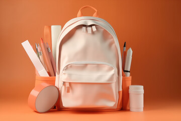 A bright pastel school or university backpack on a bright background is filled with stationery, pens and notebooks. Orange colors. Generative AI.