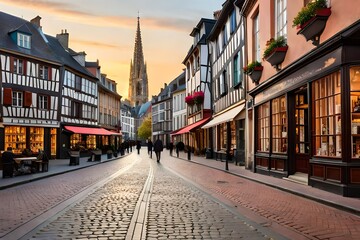 Fototapeta na wymiar Transport yourself to the enchanting view of Place and Street Saint Amand in the historic center of Rouen. The scene unfolds with charming shop fronts that line the street.