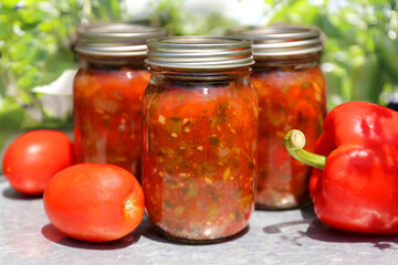 Jars of Freshly Canned Homemade Tomato and Pepper Salsa