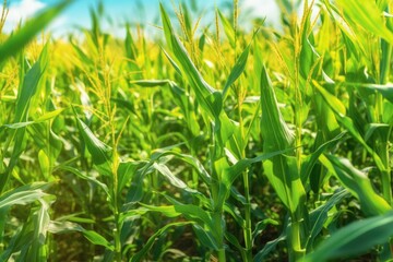 A close up of a cornfield. deciding on a focus. During the summer harvest, green cornfields are sown. a close up of a field with corn on the cob