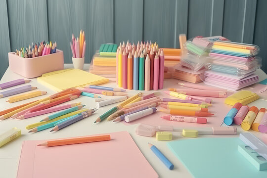 Pastel stationery, pens and notebooks, pencil cases and discounts, back to school. Generative AI.