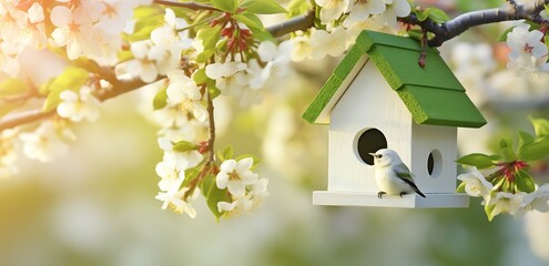 Cute little bird on bird feeder in blooming cherry tree