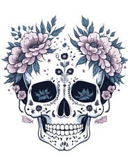 Skull with flowers.Roses and lily.White background.

