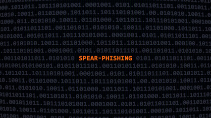 Cyber attack spear-phishing. Vulnerability text in binary system ascii art style, code on editor screen. Text in English, English text