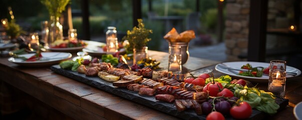 Beautiful-looking barbecued meat on an outdoor dinner table.